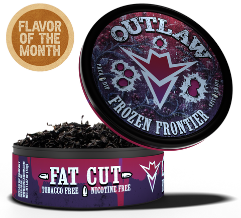 An open round metal tin of Outlaw Frozen Frontier tobacco-free nicotine-free 'Fat Cut' flavor, showing dark loose leaf inside, with the branded lid leaning above it and a 'Flavor of the Month' badge in the top left on a white background.