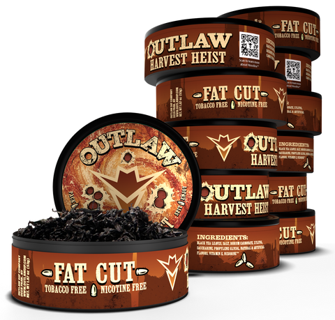 A stack of Outlaw Harvest Heist Fat Cut tobacco-free and nicotine-free herb cans with one can open to show dark dried herb pieces, on a white background.