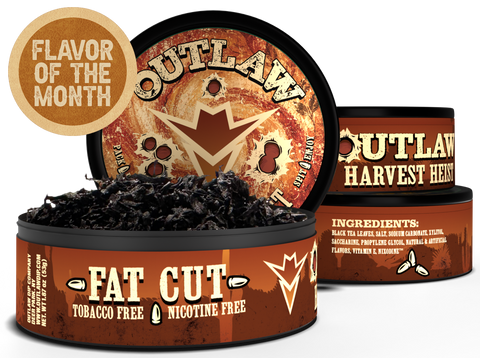 Three cans of Outlaw Harvest Hemp Flavored Nicotine Salts arranged on a white background, with one can open to show the dark hemp leaves inside. A circular badge on the top left reads 'Flavor of the Month'.