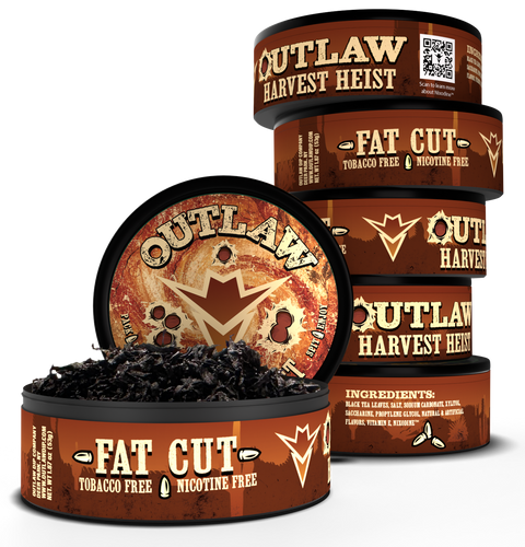 Five cans of Outlaw Harvest Heist tobacco-free nicotine-free fat cut meat snacks are arranged on a white background, with one can open to show the dark dried meat inside.