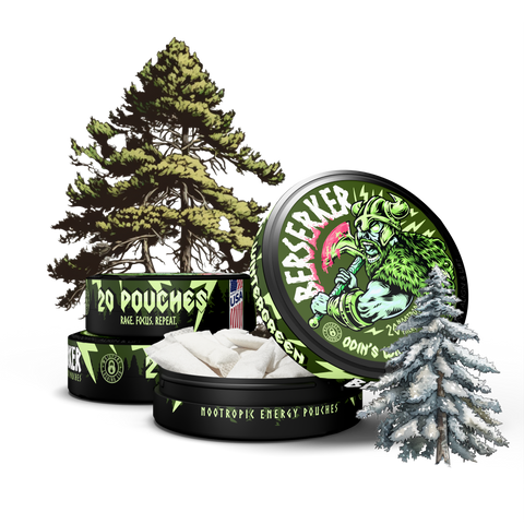 Berserker caffeine Wintergreen pouches 3 pack packaging with trees in the background