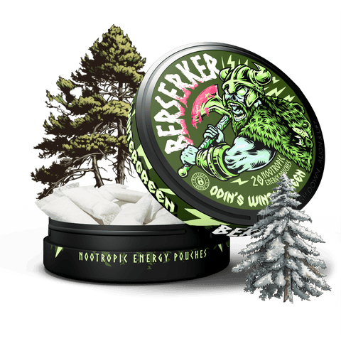 A product image featuring a can of Berserker Odin's Wintergreen Caffeine Pouches with a graphic of a green Berserker and trees in the background. The can is labeled with the product name and a description.