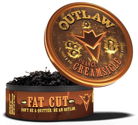 A tin of Outlaw Orange Creamsicle Fat Cut tobacco free dip, with the product name and flavor clearly displayed on the lid and the base.