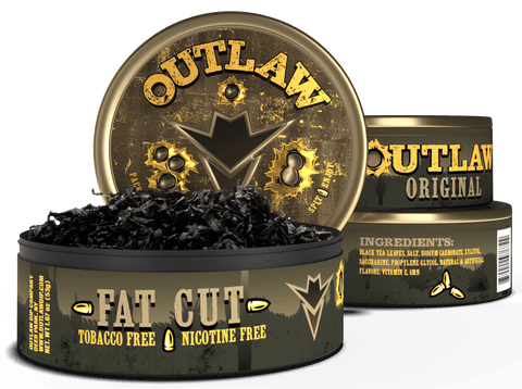 3 pack of Outlaw Fat Cut Original flavor tobacco-free product with the front can being open showing the nicotine-free loose leaf cut