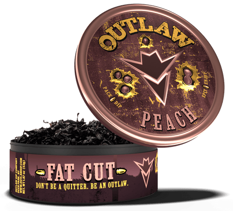A product image featuring a can of Outlaw Georgia Peach Fat Cut tobacco free dip, with the brand's logo and peach imagery on the label.