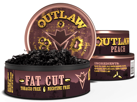 3 pack of Outlaw Peach tobacco free and Nicotine free Fat cut dip in pink packaging with the front can showing the loose leaf product inside.