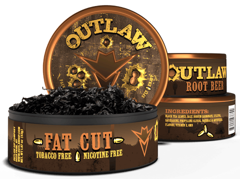 3 pack of Outlaw Root Beer tobacco free and Nicotine free moist dip fat cut in brown packaging with the front can showing the loose leaf product inside