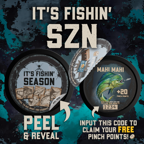 Promotional graphic for a fishing pinching product set. The image features two circular packages labeled 'IT'S FISHIN' SEASON' and 'MAHI MAHI', with one package showing a peeled sticker revealing fish illustrations and the other showing a mahi-mahi fish with '+20 PINCH POINTS'.