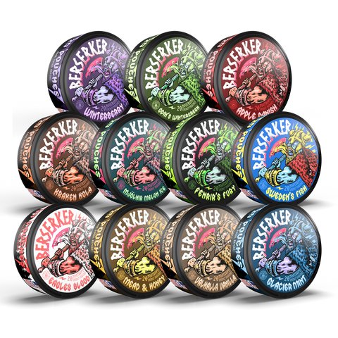 A collection of Berserker energy pouch canisters with various flavors, including Winterberry, Wintergreen, Apple Danish, and others. Each canister has a colorful label featuring a viking and the name of the flavor.