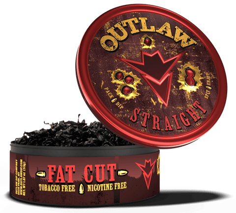 A tin of Outlaw Straight Fat Cut tobacco free dip, with the lid open displaying the long cut product inside. The tin has a black and red color scheme with text and branding.