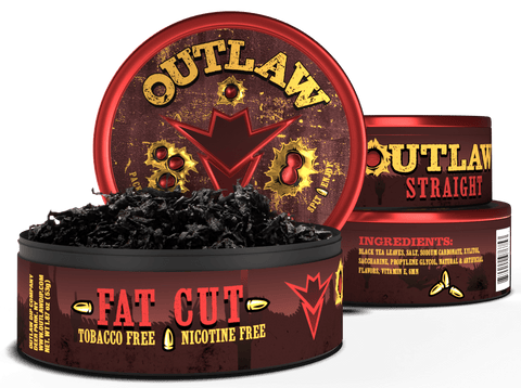 3 pack of Outlaw Fat Cut Straight flavor tobacco-free dip product with the front can being open showing the nicotine-free loose leaf cut inside