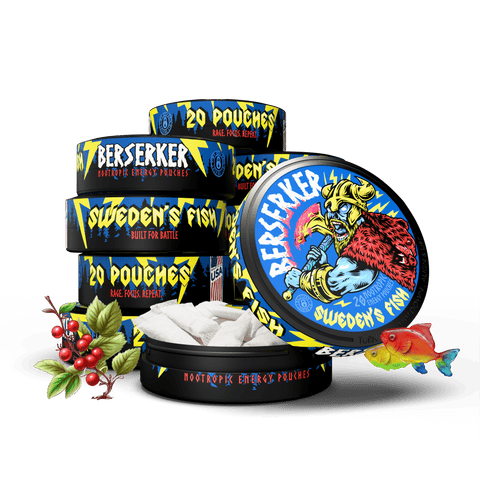 10 pack of Berserker caffeine energy pouches with blue and yellow packaging and 'Sweden's Fish' branding. Lingonberries subtly in the background and colorful fish in the foreground insinuating the Swedish fish flavor.