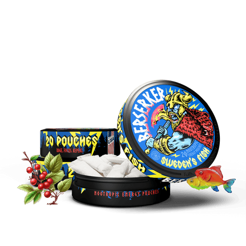 3 pack of Berserker caffeine energy pouches with blue and yellow packaging and 'Sweden's Fish' branding. Lingonberries subtly in the background and colorful fish in the foreground insinuating the Swedish fish flavor.