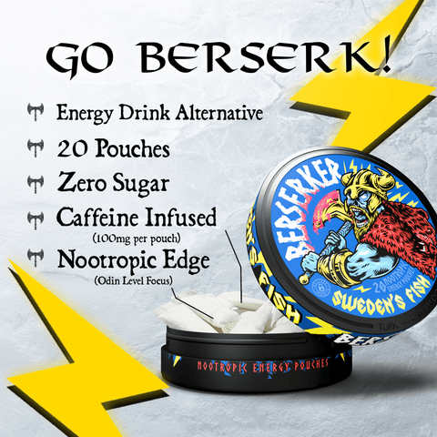 Berserker energy drink pouches with product details on a white background