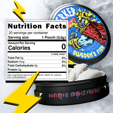 Nootropic energy pouch with nutrition facts label on a white background