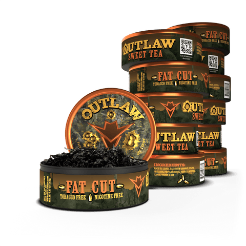 Outlaw Camo Sweet Tea Flavor Fat Cut tobacco-free product packaging on a transparent background