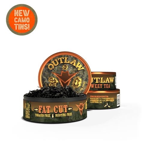 Outlaw Fat Cut tobacco-free product in a camo tin with 'New Camo Tins!' label.