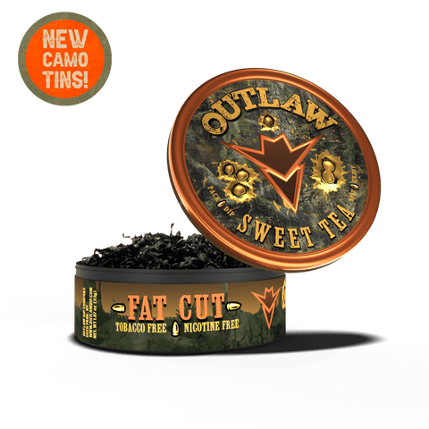 A can of Camo Outlaw Southern Sweet Tea Fat Cut tobacco free dip, with the product name, camouflage color and brand prominently displayed on the blaze orange-colored lid.