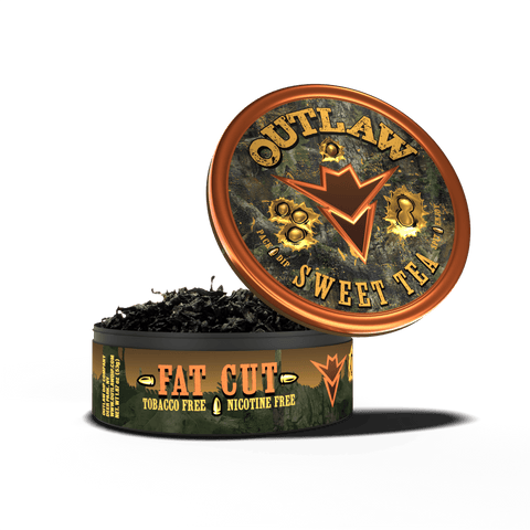 A can of Camo Outlaw Southern Sweet Tea Fat Cut tobacco free dip, with the product name, camouflage color and brand prominently displayed on the blaze orange-colored lid.