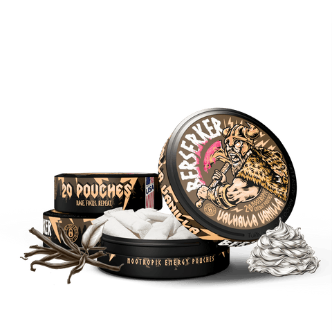 Berserker Valhalla Vanilla flavor caffeine pouches 3 pack product packaging with vanilla bean illustration on a white background and whipped cream in the foreground.