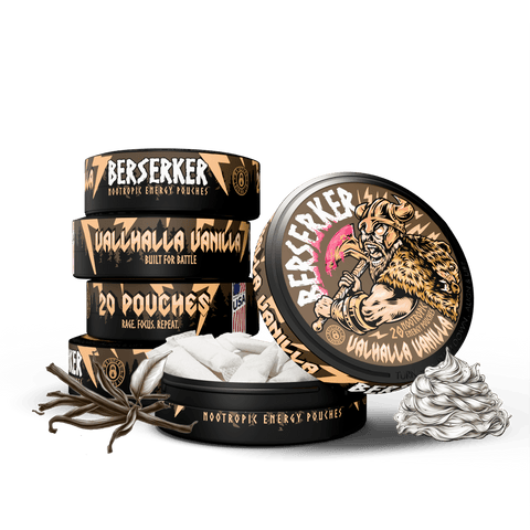 A stack of five containers of Berserker Valhalla Vanilla Caffeine Pouches with a can opener and a handful of white pouches of the product displayed in front. The containers have a black background with gold and white text, and an illustration of a berserker character.