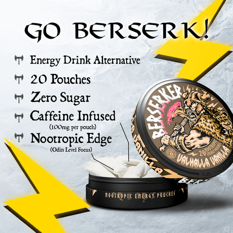 Benefits image for Berserker 'Valhalla Vanilla' flavor caffeine pouches showing zero sugar, 15 pouches, and an open can showing the pouch contents.
