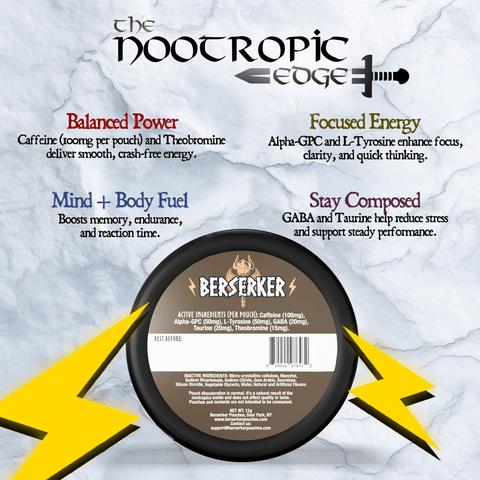 Berserker nootropic product packaging with text on a white background
