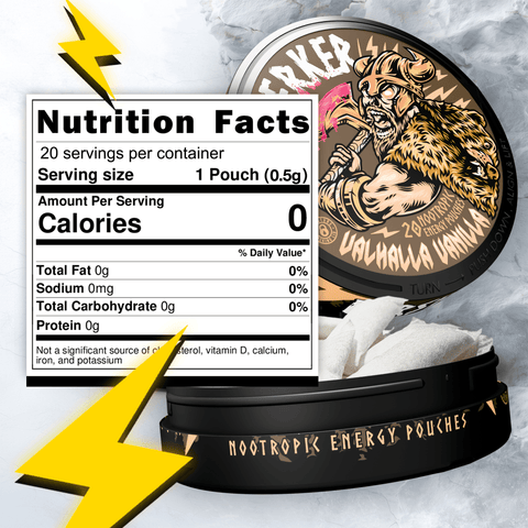 Nutrition facts image for Berserker 'Valhalla Vanilla' flavor caffeine pouches showing zero calories, 15 pouches per container and serving size. There is an open can showing the contents of what the caffeine pouch looks like inside.