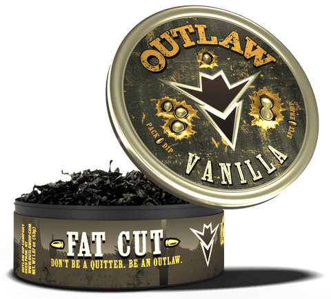 A tin of Outlaw Vanilla Fat Cut, with the product name and flavor prominently displayed on the lid and base. Lid is hovering over loose leaf long cut product showing it's texture.