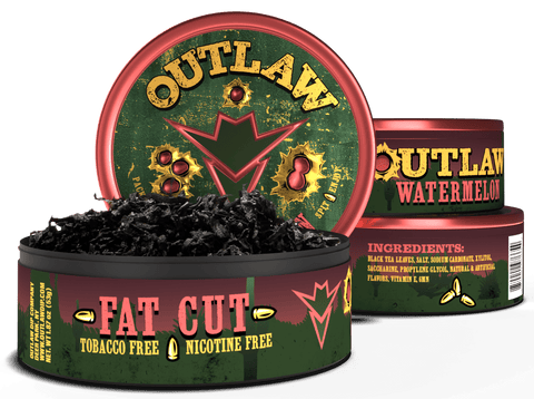 3 pack of Outlaw Watermelon tobacco free and Nicotine free fat cut dip in pink and green packaging with the front can showing the loose leaf pinch-able dip product inside