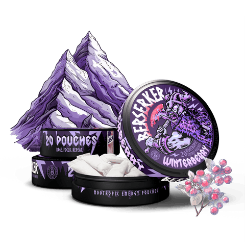 Berserker Caffeine Pouches 3 pack packaging with purple and black design, featuring the brand name and product name 'Winterberry'.