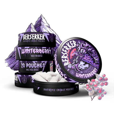 The image displays a stack of Berserker Winterberry caffeine pouches with a can lid on top, featuring a graphic design of a berserker character and wild berries, indicating the product is a type of energy pouch.