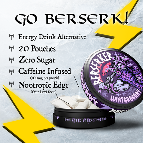 Benefits image for Berserker 'Winterberry' flavor caffeine pouches showing zero sugar, 15 pouches, and an open can showing the pouch contents.