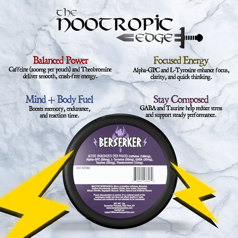Berserker nootropic product packaging with text on a white background