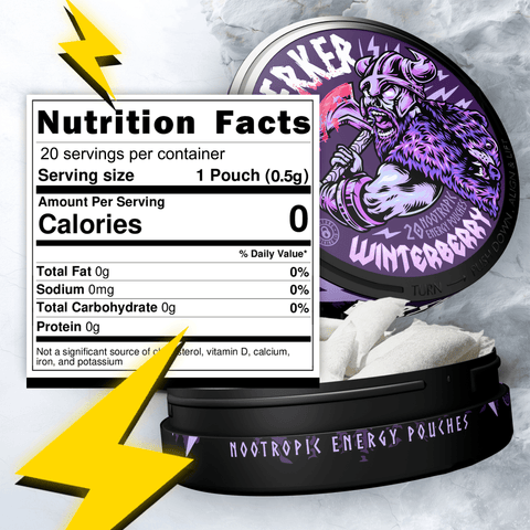 Nutrition facts image for Berserker 'Winterberry' flavor caffeine pouches showing zero calories, 15 pouches per container and serving size. There is an open can showing the contents of what the caffeine pouch looks like inside.