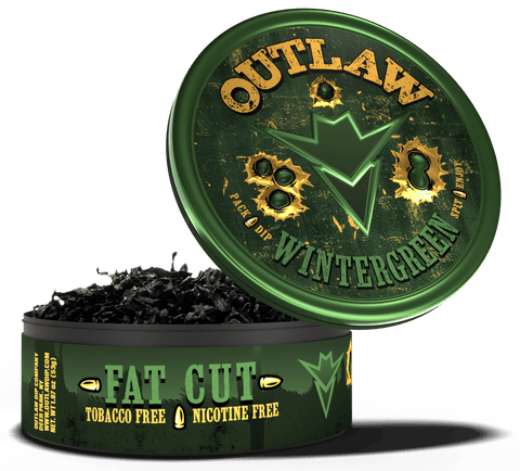 A tin of Outlaw Wintergreen Fat Cut Chew with a green and black label, indicating the product is tobacco-free and nicotine-free.