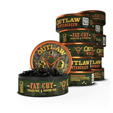12 pack of Camo Outlaw Wintergreen tobacco free and Nicotine free fat cut dip in camouflage packaging with the front can showing the loose leaf product inside.