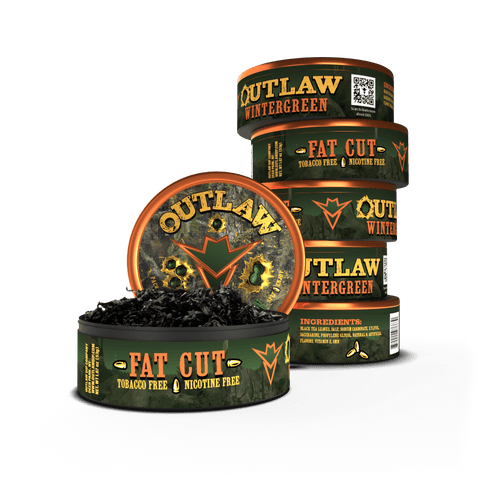 6 pack of Outlaw Camo wintergreen flavor tobacco free and Nicotine free fat cut chew in camouflage packaging with the front can showing the loose leaf dip product inside