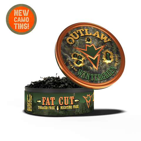 A tin of Outlaw Camo Wintergreen Fat Cut Chew with a camouflage label, indicating the product is tobacco-free and nicotine-free.