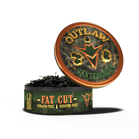 A tin of Outlaw Camo Wintergreen Fat Cut Chew with a camouflage label, indicating the product is tobacco-free and nicotine-free.
