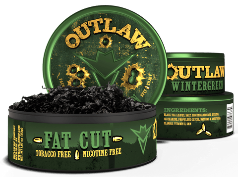 Green container of 'Outlaw' wintergreen product with visible text on a white background