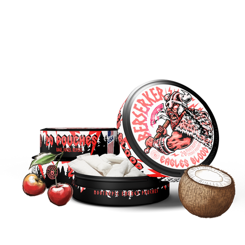 Berserker Tigers Blood flavor caffeine pouch tins 3 pack with cherry and coconut on a white background